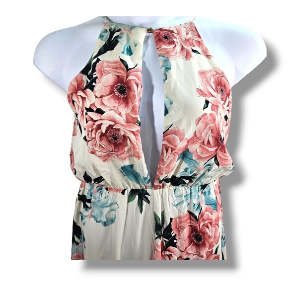 A'GACI Jumpsuit Medium Pink Multicolored Floral Peony Print Halter Wide-Leg Pant - Picture 12 of 16